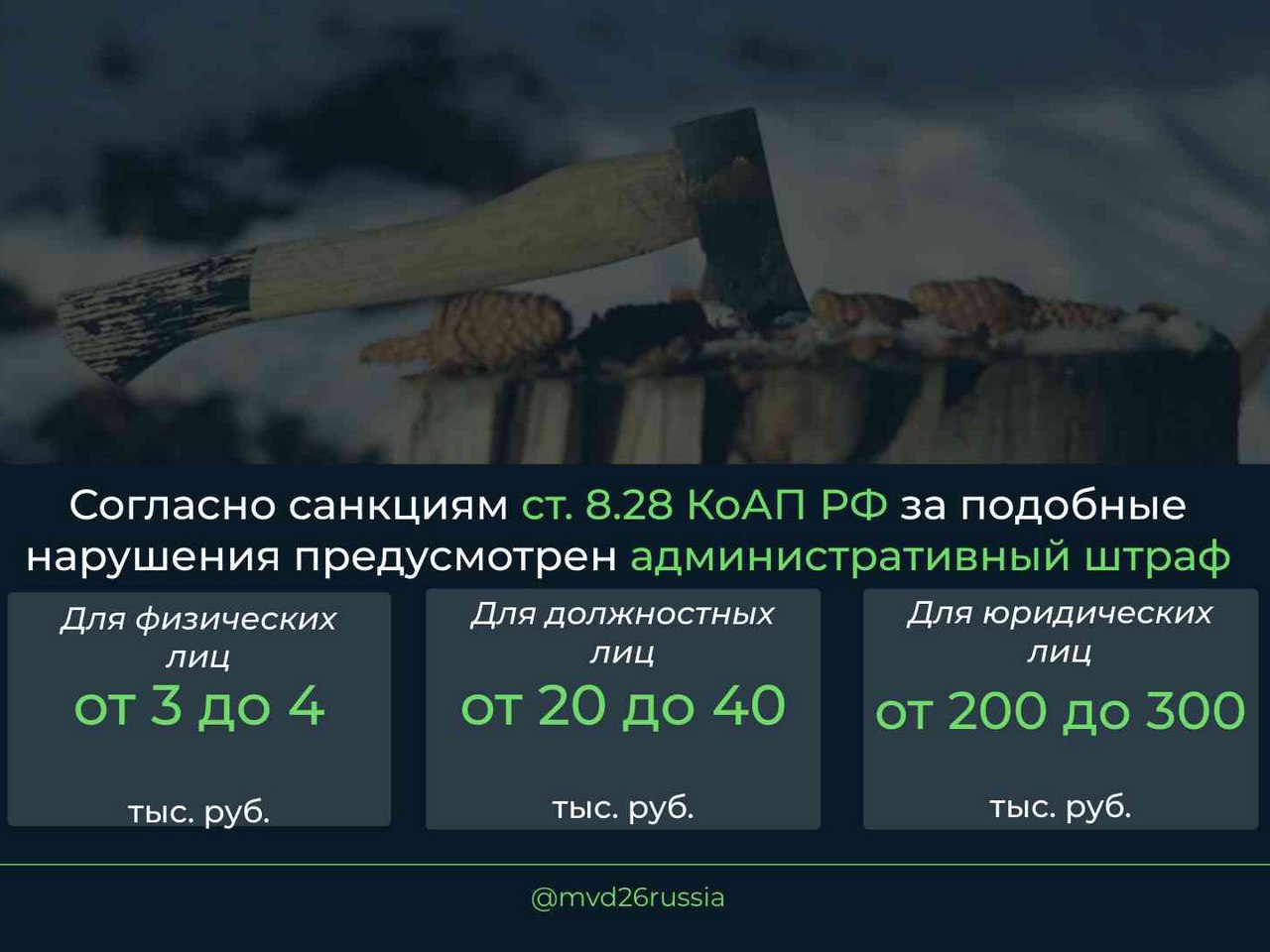 Рассказываем, какая ответственность предусмотрена законодательством за незаконную рубку лесных насаждений, в наших информационных карточках Рассказываем, какая ответственность предусмотрена законодательством за незаконную рубку лесных насаждений, в наших информационных карточках