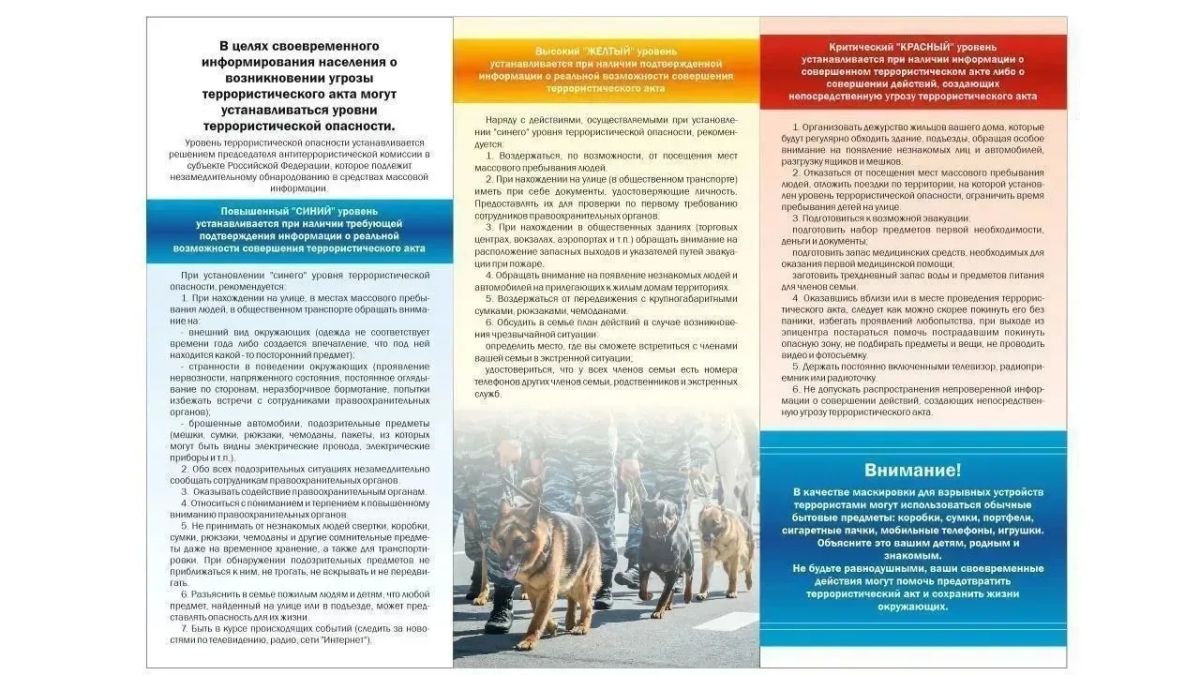 В целях своевременного информирования населения о возникновении угрозы террористического акта могут устанавливаться уровни террористической опасности