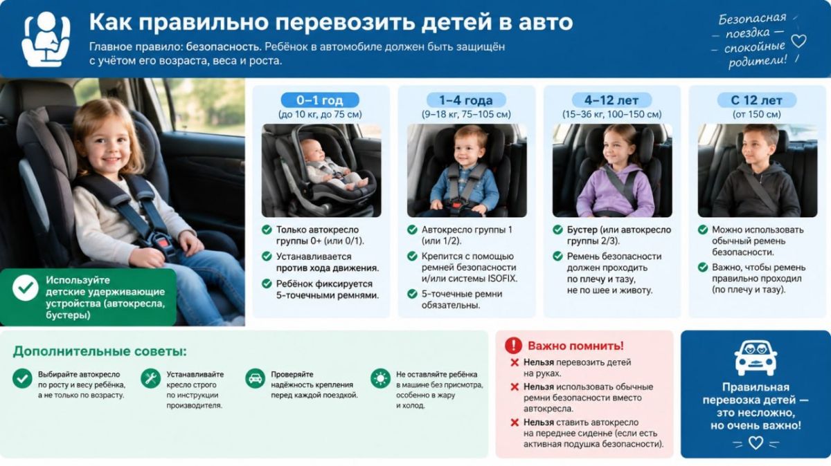 Как правильно перевозить детей в авто - коротко и по правилам: